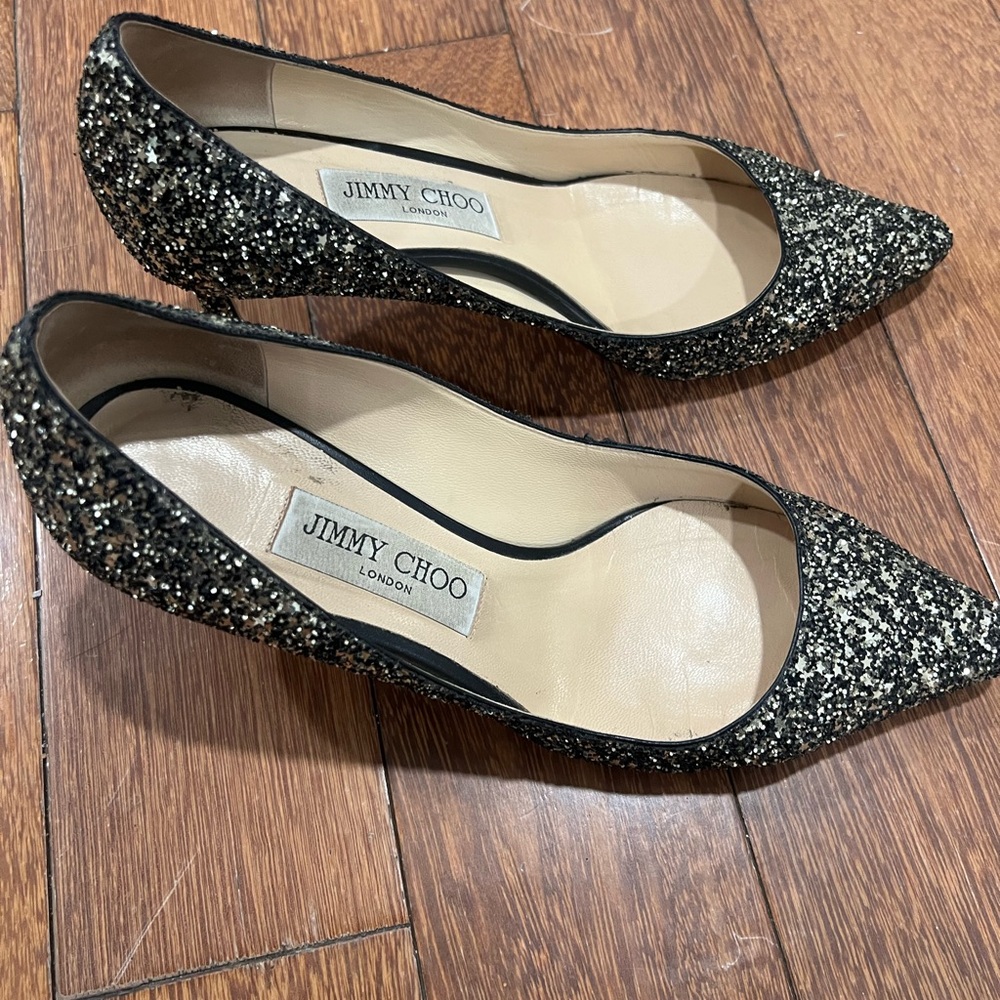 Jimmy Choo Black and Gold Glitter Heels